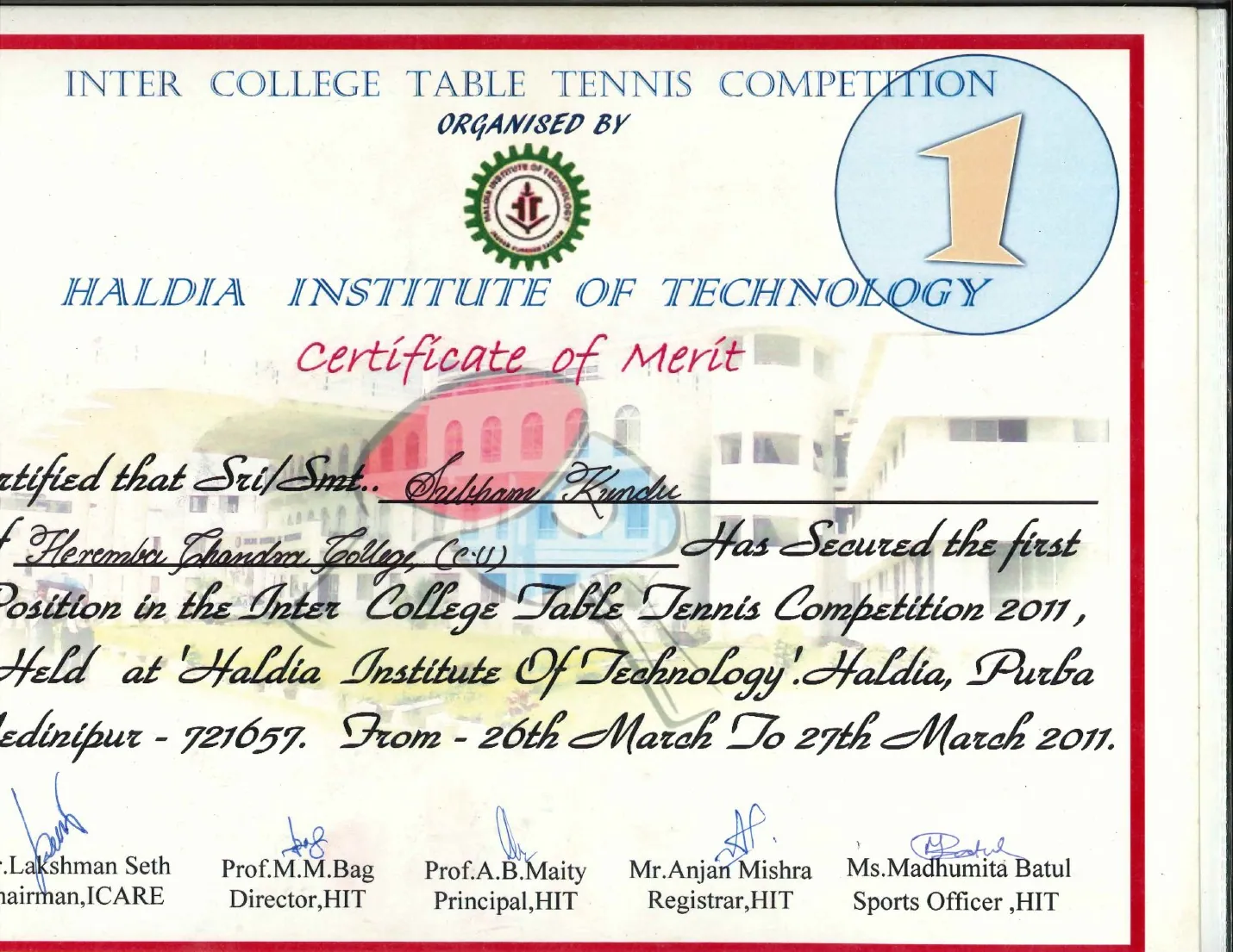 Inter College Championship — First certificate