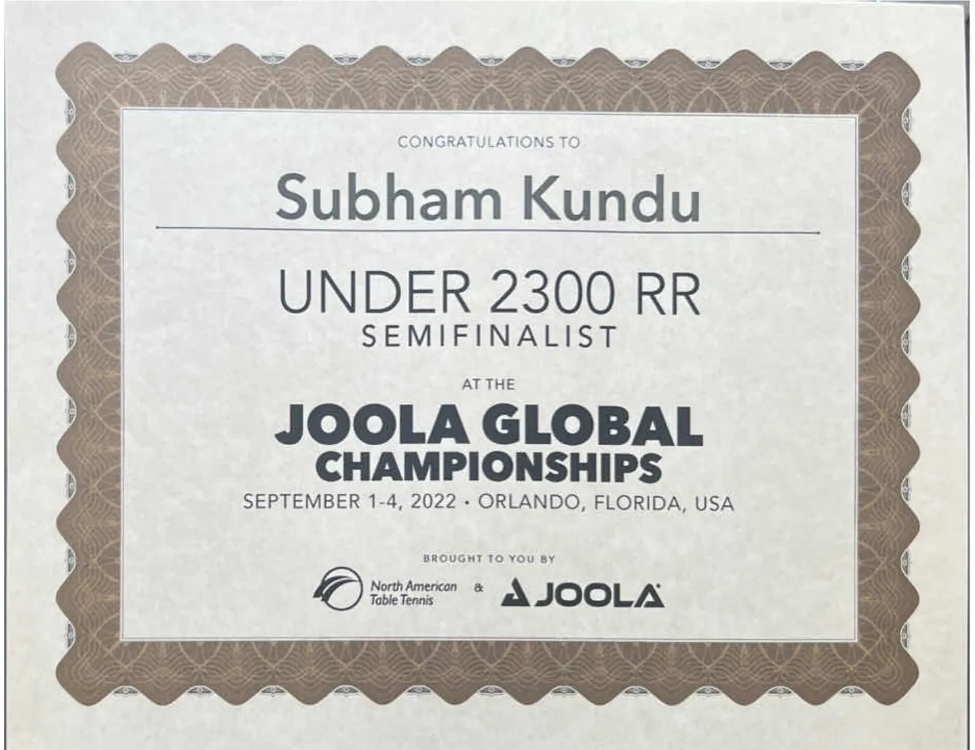 JOOLA Global — Semifinalist certificate