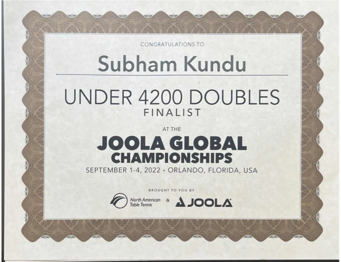 JOOLA Global — Finalist certificate