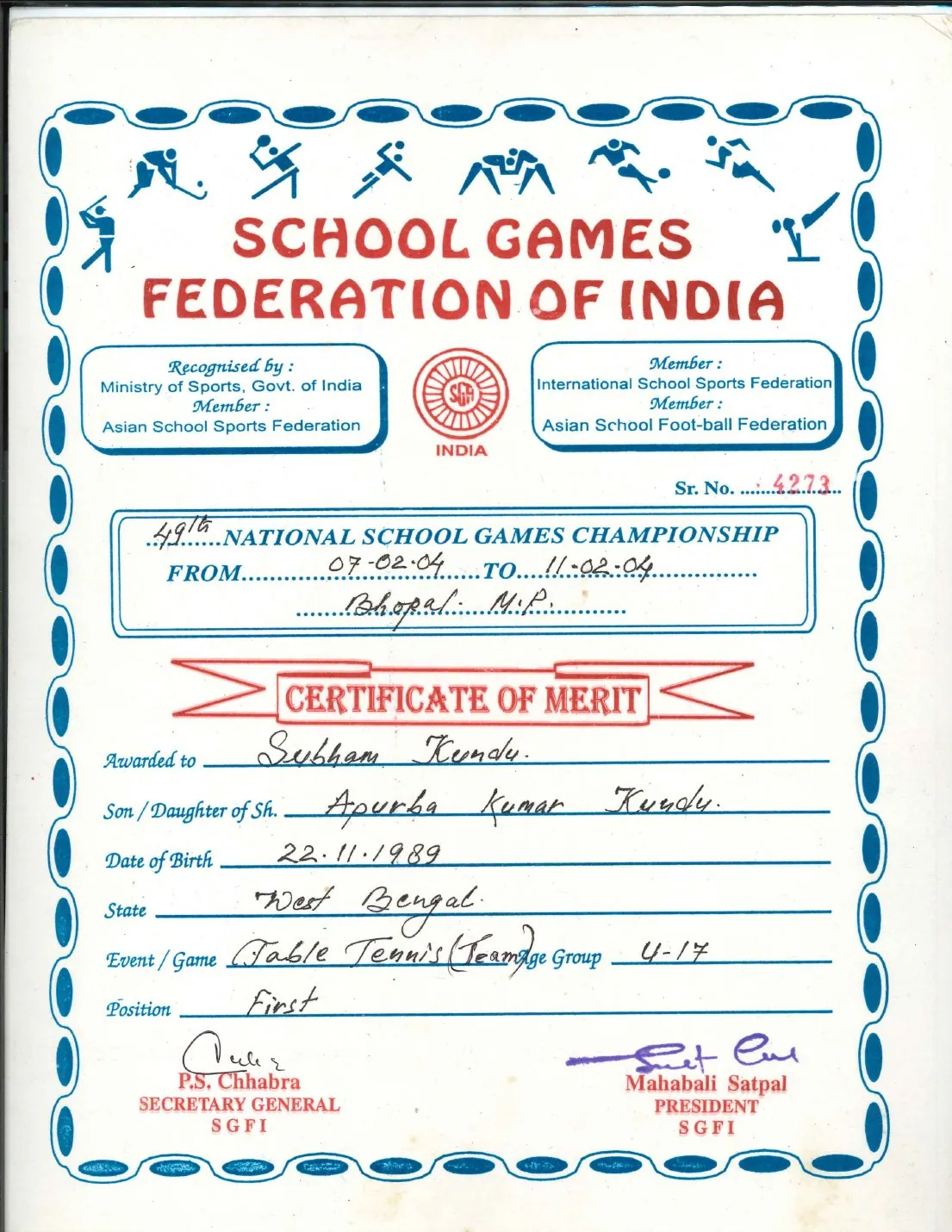 49th National School Games — First certificate