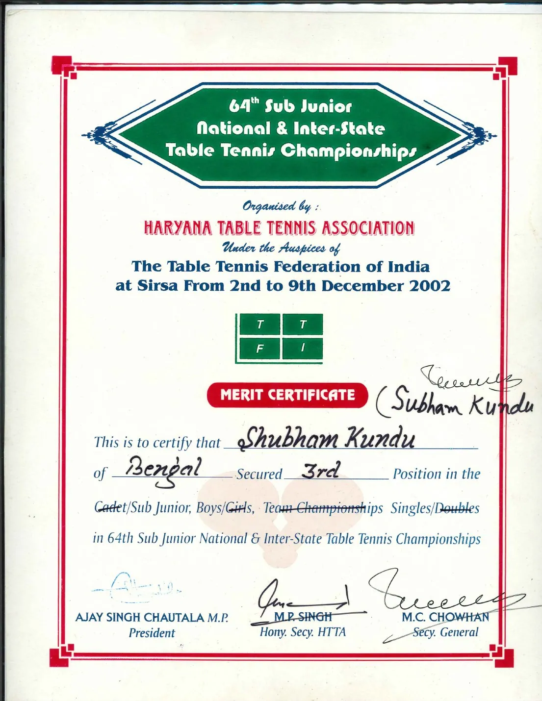 64th Sub-Junior Nationals — Third certificate