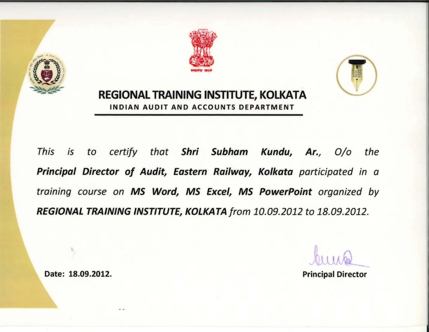 Regional Training Institute certificate