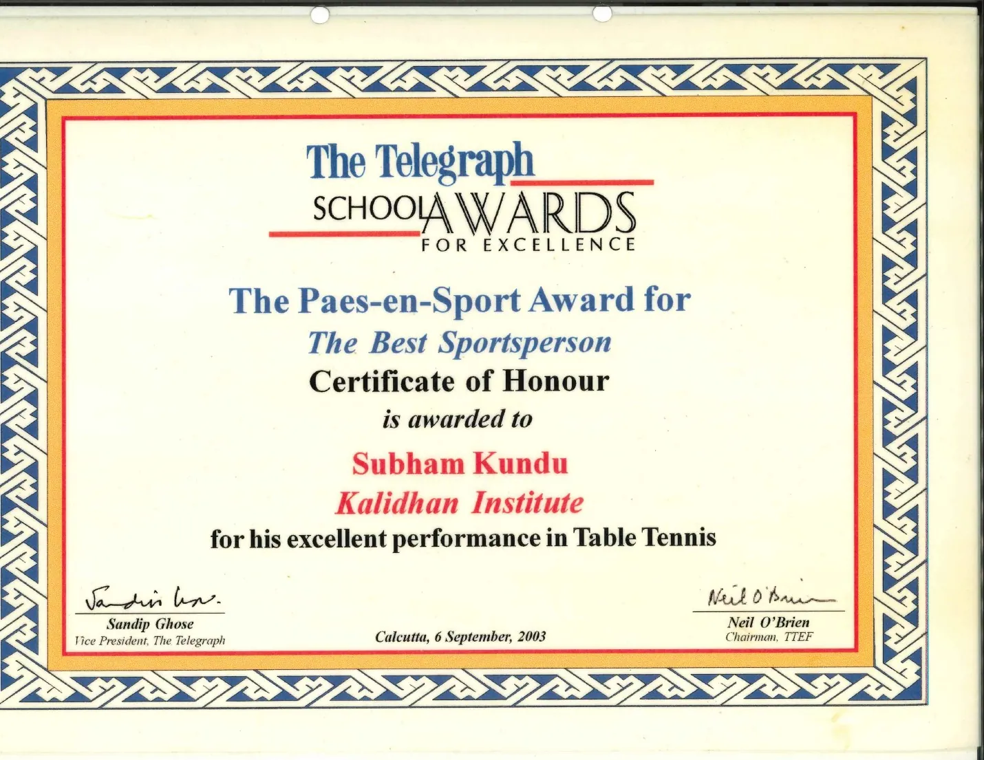 Telegraph Best Sportsperson certificate