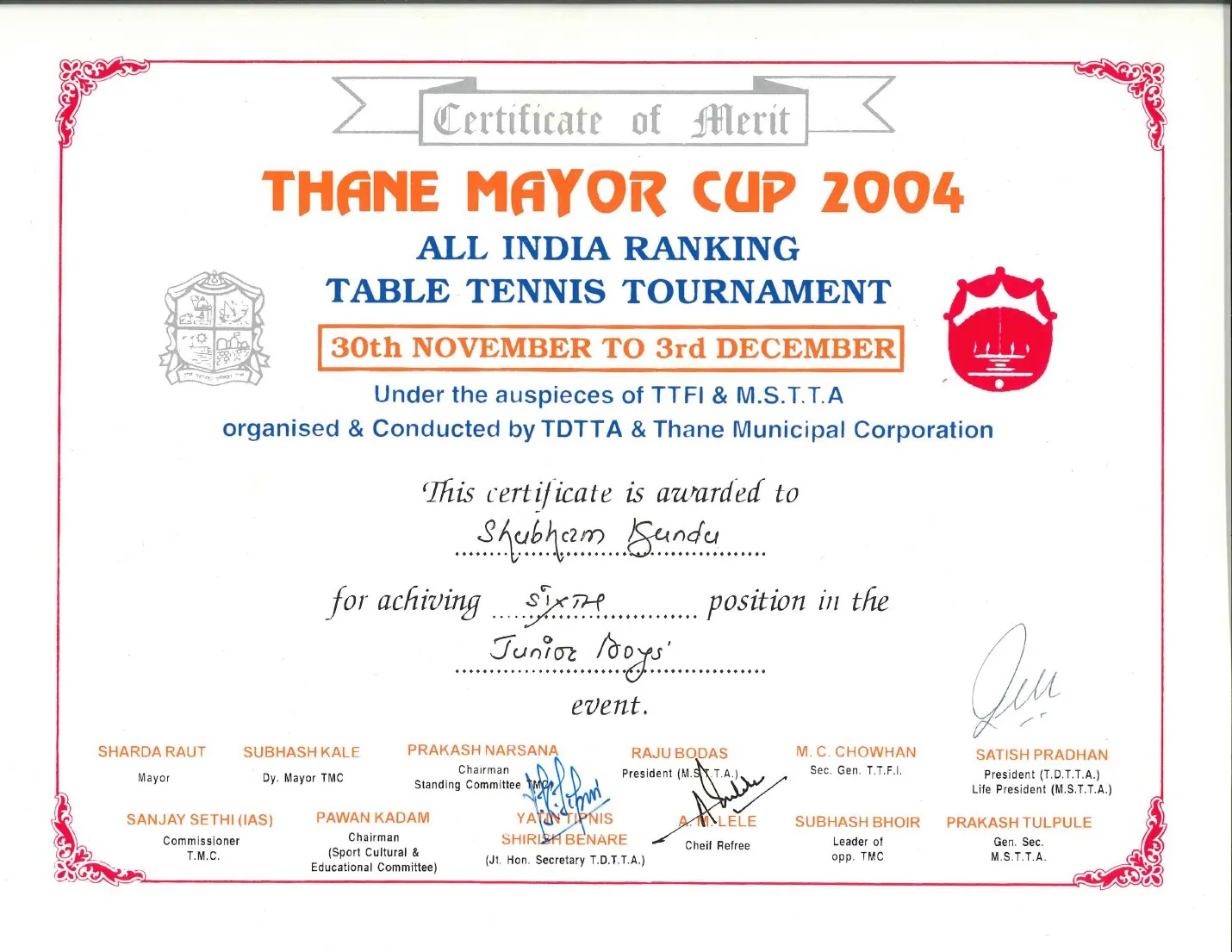 Thane Mayor Cup — Sixth certificate