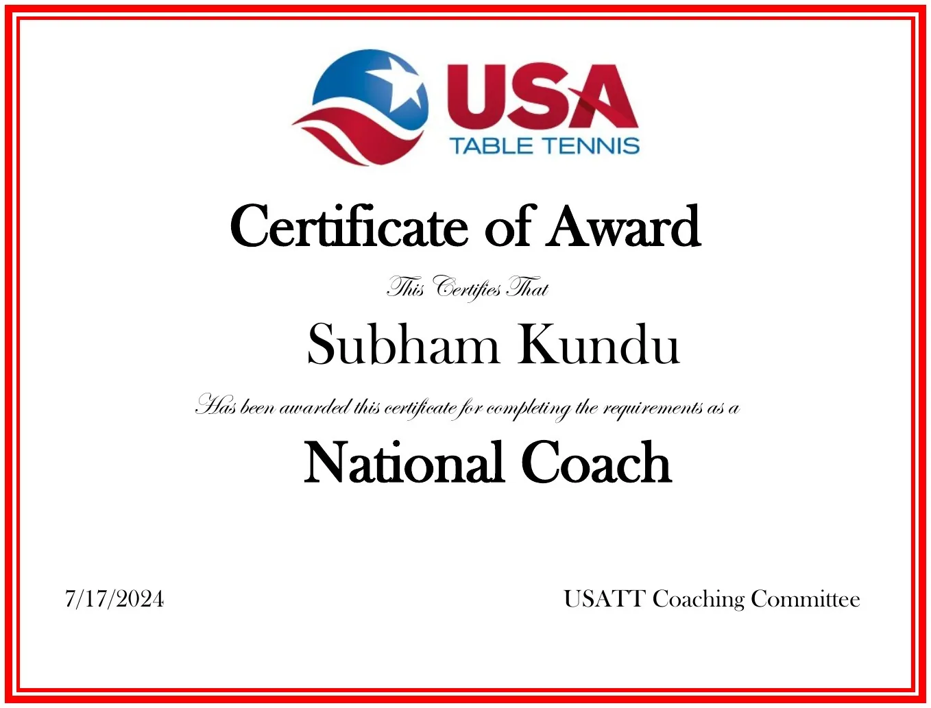 USATT Certified National Coach certificate